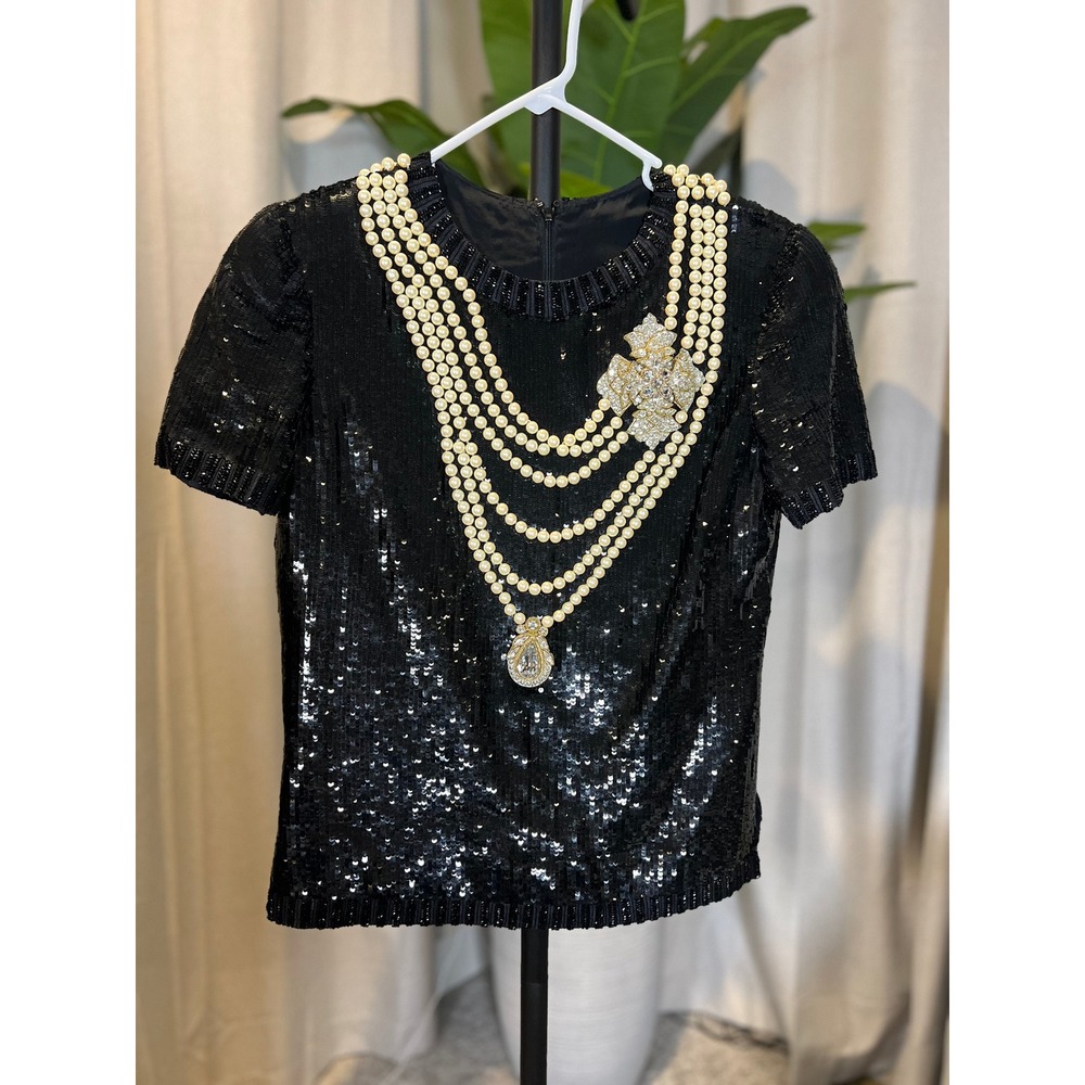 1980's Bill Blass Black Sequin Short Sleeve Faux Pearl Necklace Crystal Pendant